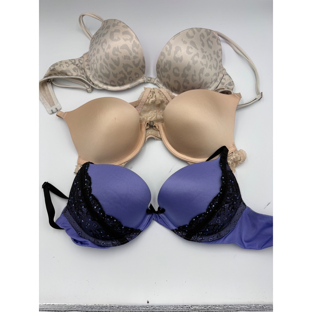 Victoria's Secret PINK Push Up Bra Lot 34B Purple Lace Leopard‎ Tan Racerback